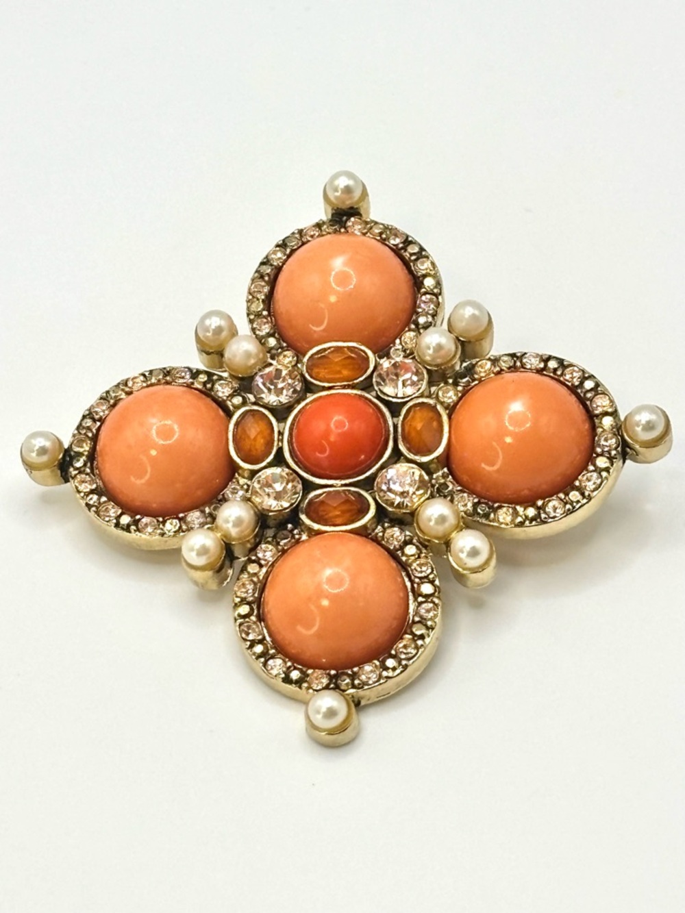 Vtg MONET Maltese Cross Brooch Pin Faux Coral Cabochon Pearl Crystal Halo Signed
